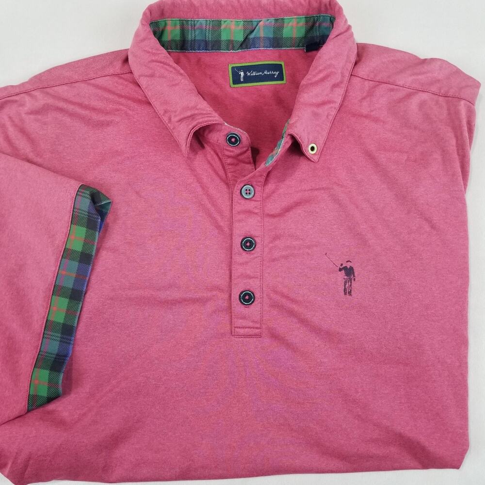 William Murray Golf Polo Shirt Mens Large Pink Plaid Trim Performance Stretch